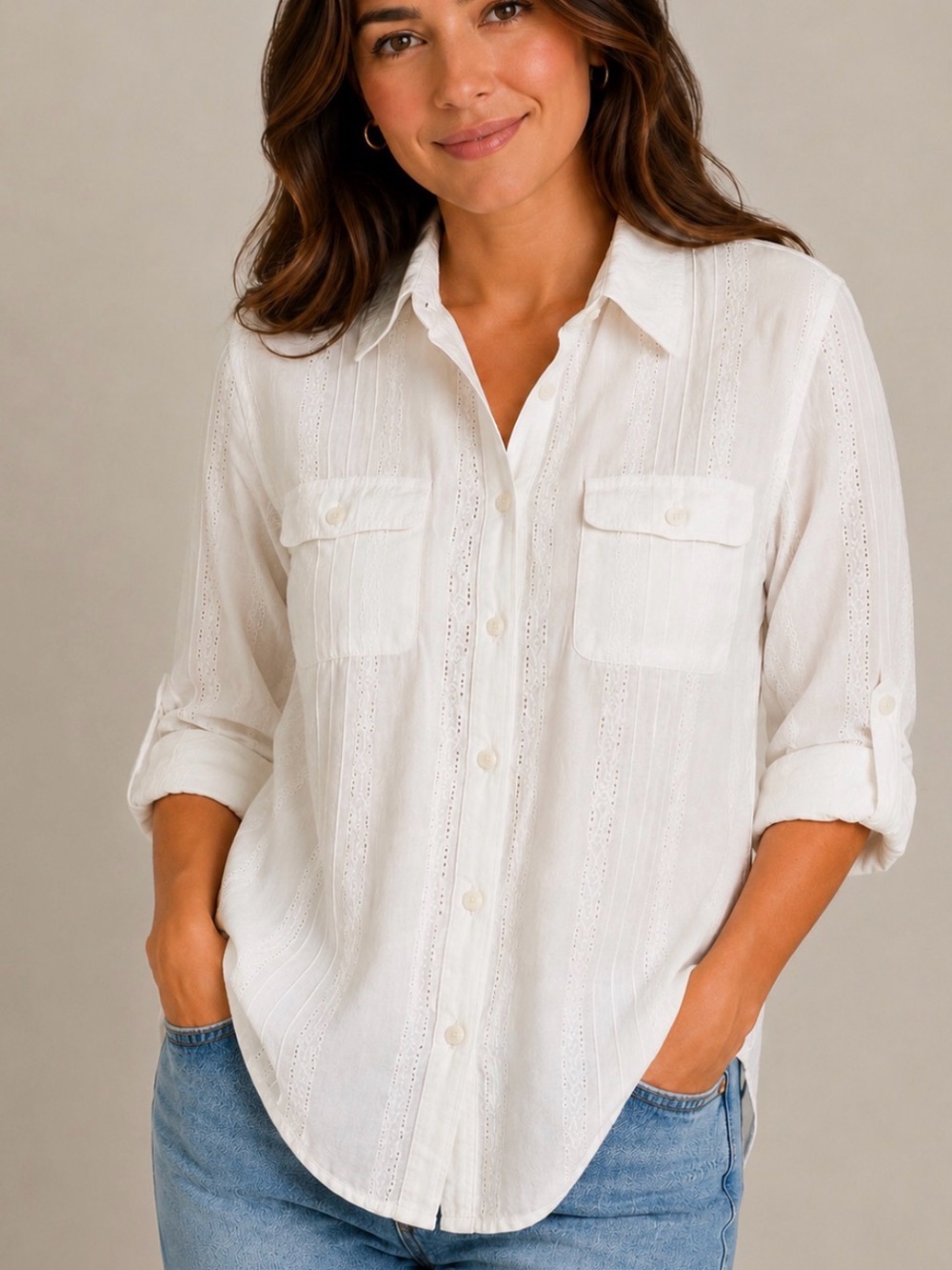 JM Collection White Embroidered Eyelet Cotton Blouse Size 16